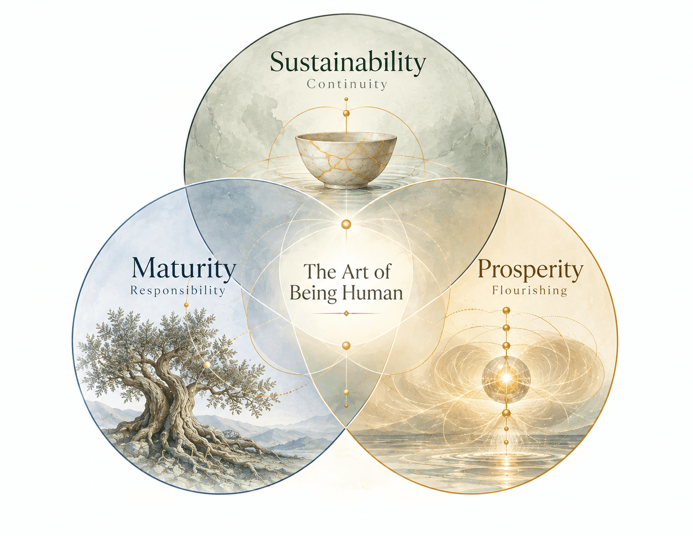 Three overlapping circles: Sustainability (Continuity) with a kintsugi bowl, Maturity (Responsibility) with an old olive tree, and Prosperity (Flourishing) with a radiant sphere over water, meeting at the centre in “The Art of Being Human”